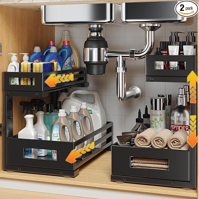 2-Pack Under Sink Organizer and Storage,2-Tier L Shape Pull Out Cabinet Organizer With Round Tube Slide Rails,Hight Adjustable Slide Out Drawers for Kitchen&Bathroom,Multi-Purpose Shelf-Black