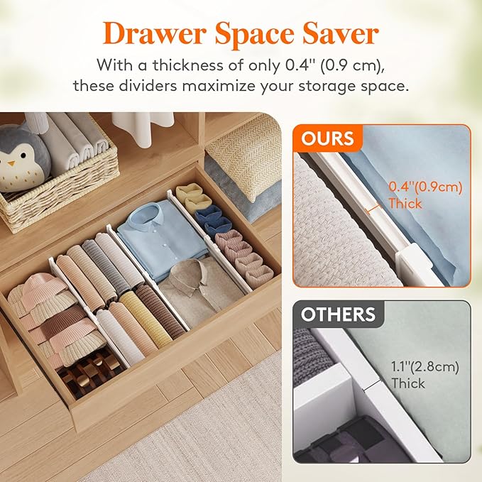 Lifewit 9 Pack Drawer Dividers for Clothes, 4" High 13.8"-22.2" Expandable Dresser Drawer Organizers, Adjustable White Plastic Separators for Kitchen, Cabinet, Nursery, Socks & Underwear Storage