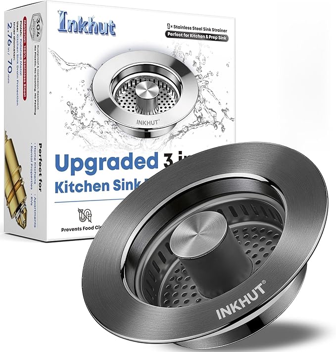 Upgraded 3 in 1 Kitchen Sink Drain Strainer - Stainless Steel Sink Stopper, Anti-Clogging Food Catcher Basket, Sink Bounce Core Drain Strainer Plug for US Standard 3 1/2 inch Drain (Dark Grey)