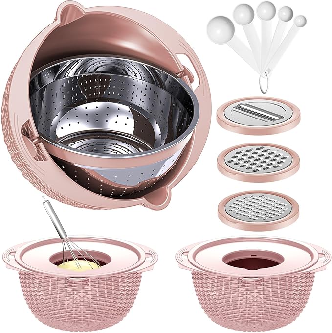 4-1 Colander with Bowl & Spoons Set - Food Strainer with New Upgraded Graters & Spoons - Colanders for kitchen(Patented) - Strainer for Fruit Pasta Veggie, Funny Presents for Women, Pink