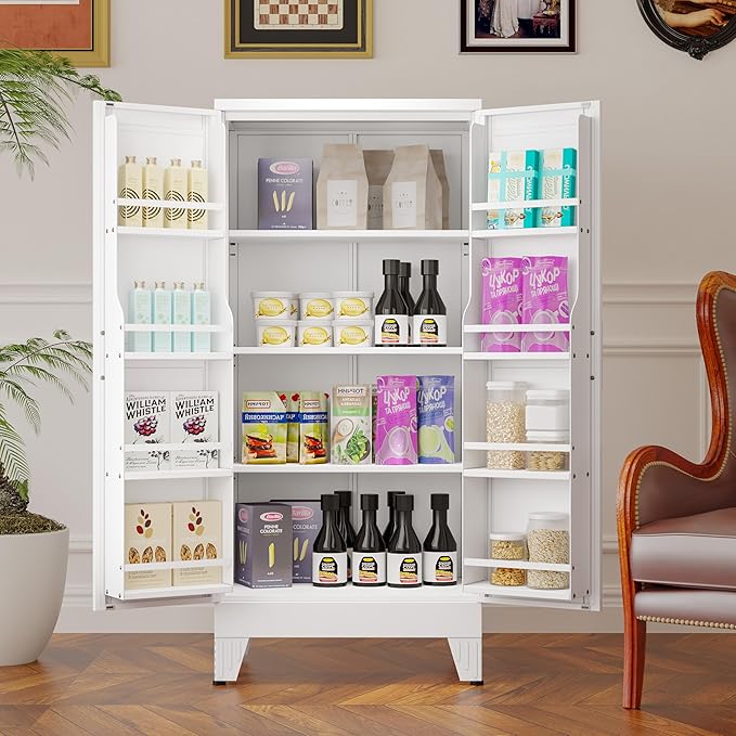 GAIOUS Metal Kitchen Pantry Cabinet, Storage Cabinets with 2 Door and 3 Adjustable Shelves, White Freestanding Food Storage Cabinet, Steel Cupboard for Kitchen Dinning Room