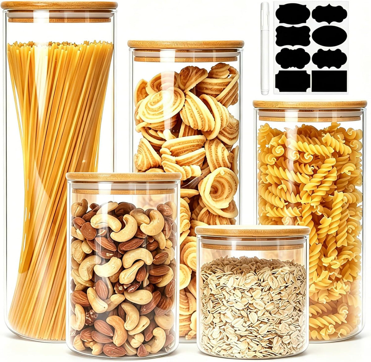 5 Pack Airtight Glass Jars with Bamboo Lids, Glass Food Storage Containers