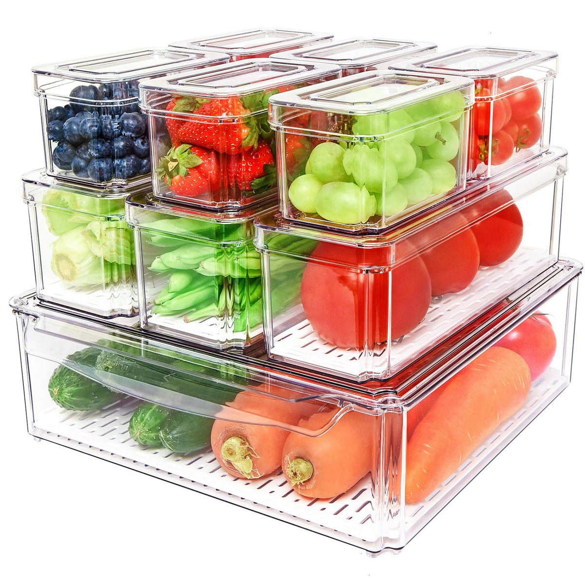 10 Pack Clear Fridge Organizers and Storage with Lids - Stackable