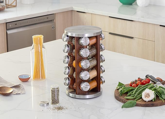 20 Jar Rotating Dark Acacia Wood Spice Rack with Spices Included & 5-Year Spice