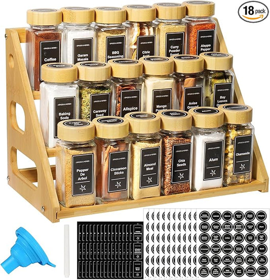 3 Tier Bamboo Spice Rack Organizer with 18 Spice Jars, 780 Labels, Wood Shelf, Chalk Marker and Funnel Set for Cabinet Kitchen Countertop, Empty 4 oz Glass Jars