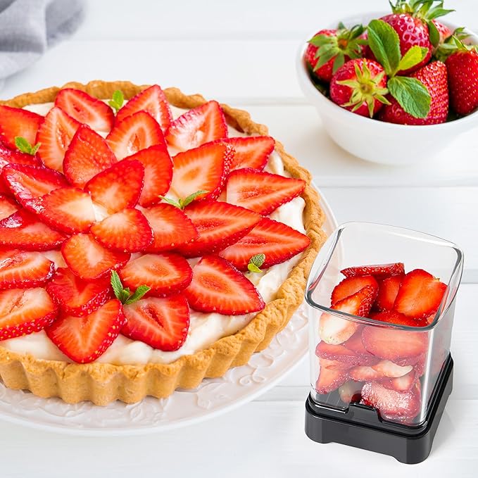 Fruit Slicer Cup for Strawberry, Banana, Hard-Boiled Egg - Detachable Cutter with Push Plate - 304 Stainless Steel Blade - Rapid & Safe Slicing Kitchen Gadget for Quick Meal Prep (Black)
