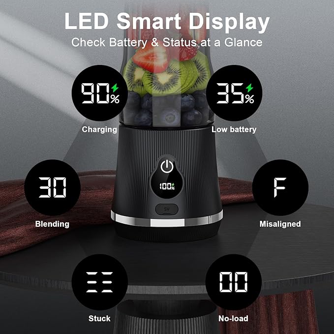 Portable Blender for Smoothies & Shakes, 17oz Personal Blender with 6 Stainless Steel Blades, USB-C Rechargeable, LED Display, Compact Travel Juicer with Extra Lid for Gym, Office & On-the-Go, Black