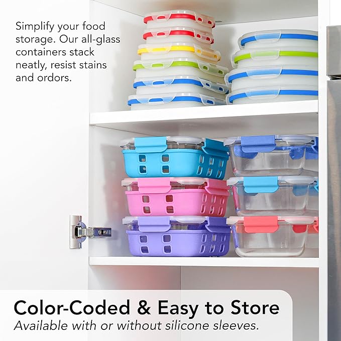 ECOBERI Glass Meal Prep Containers with Silicone Sleeves, 3 Piece 4.5 Cup Set, Borosilicate Glass Food Storage with Leak-Resistant Lids, Oven, Microwave, Freezer and Dishwasher Safe