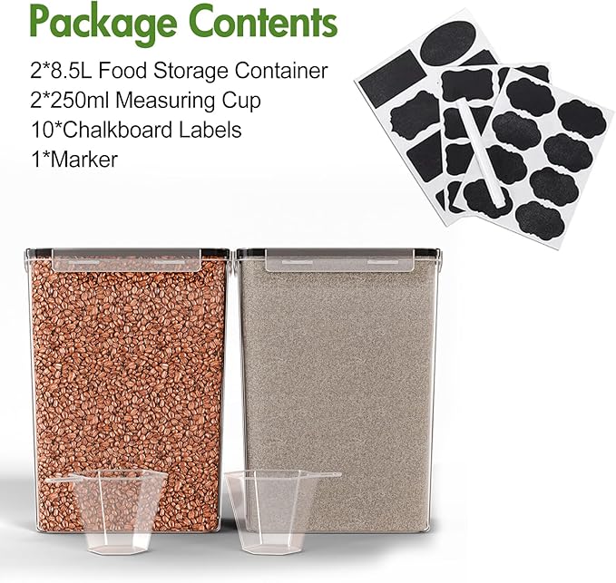 ALSO GO 2 PC Large Food Storage Containers with Lids Airtight, 8.5L, 300Oz, Clear Plastic Kitchen and Pantry Storage Containers, Bulk Storage for Cereal, Flour, Sugar, Rice