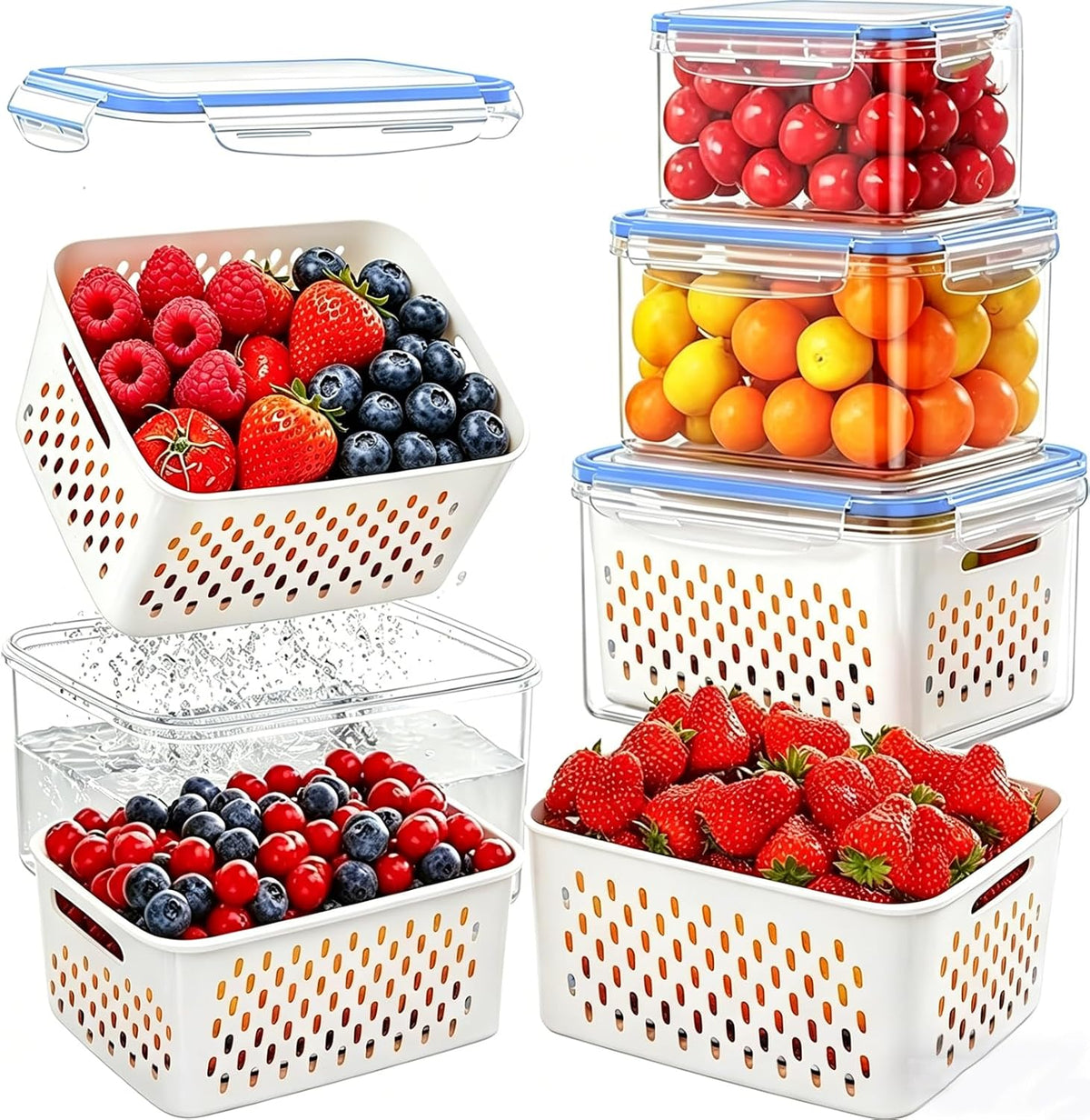 3PCS Fruit Storage Containers for Fridge – Airtight Produce Saver with Removable Drain Basket, BPA-Free Berry Keeper, Stackable Food Storage Containers for Vegetables, Lettuce & Meal Prep (Blue)
