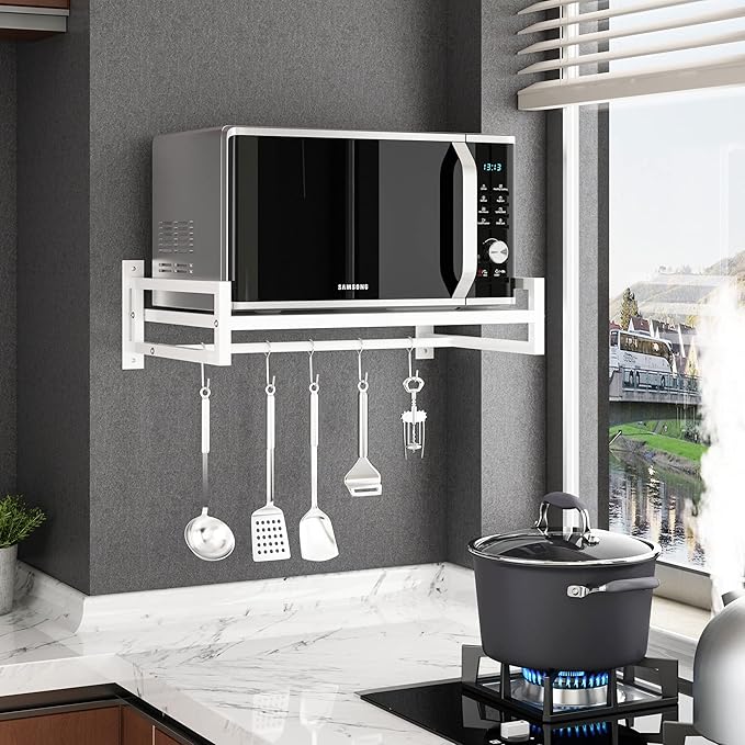 ABCOOL Wall Mount Microwave Oven Shelf Rack for Kitchen Home, Black Carbon Steel Counter Countertop Holder with Hook Rail and 3 Slidable Hooks