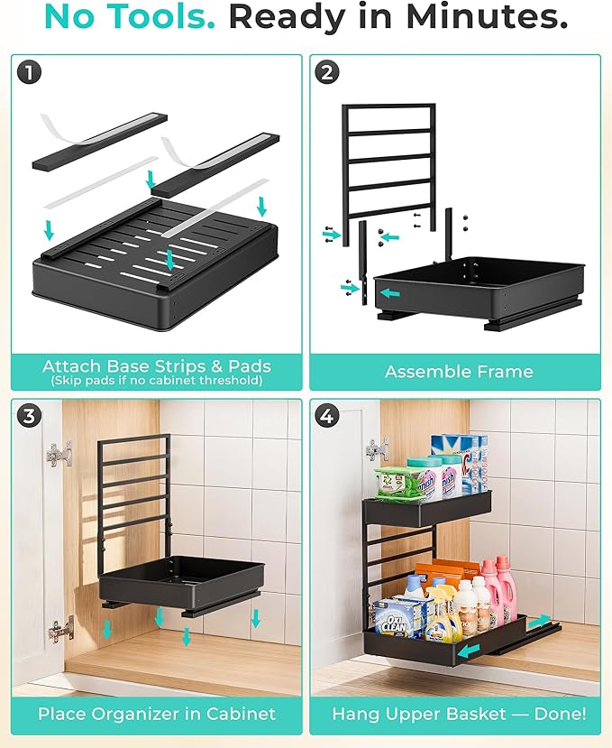 EVERIE Height Adjustable 2 Tier Metal Pull Out Slide Shelf Organizer for Under Sink Cabinets in Kitchen, Bathroom, with Snap-on Top Tray, 16" Deep (Black, 2 Sets) | Pull Out