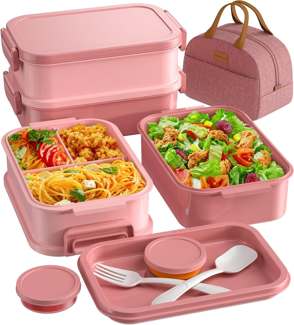 Adults Bento Lunch Box Set with Thermo Bag, 74oz Stackable Leak-proof 3-tiers Bento Box, Built-in Utensil and Sauce Container for Work, School, Dining Out (Pink)