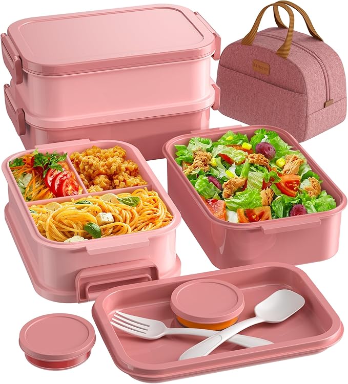 Adults Bento Lunch Box Set with Thermo Bag, 74oz Stackable Leak-proof 3-tiers Bento Box, Built-in Utensil and Sauce Container for Work, School, Dining Out (Pink)