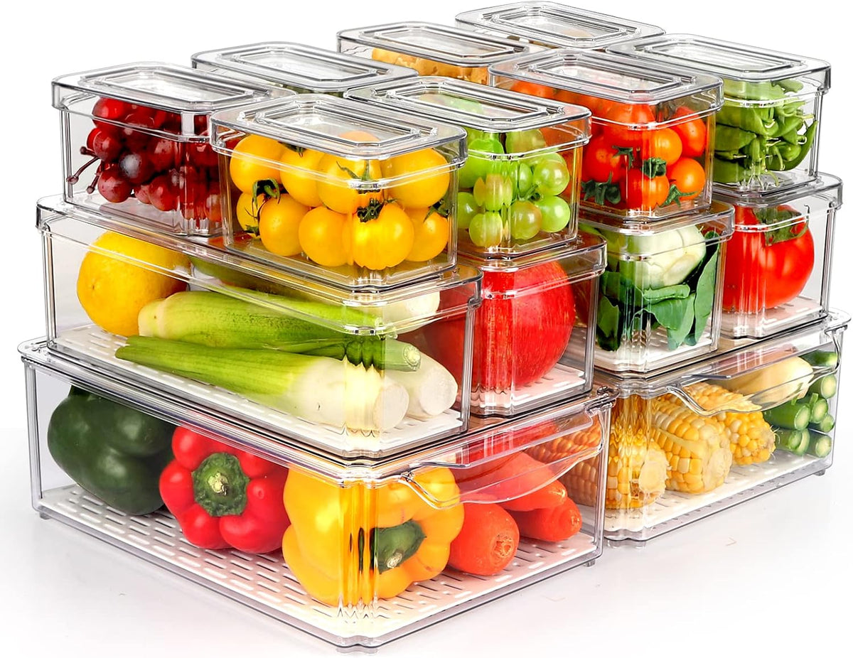 14 Pack Fridge Organizer Bins with Lids, Stackable Clear Storage