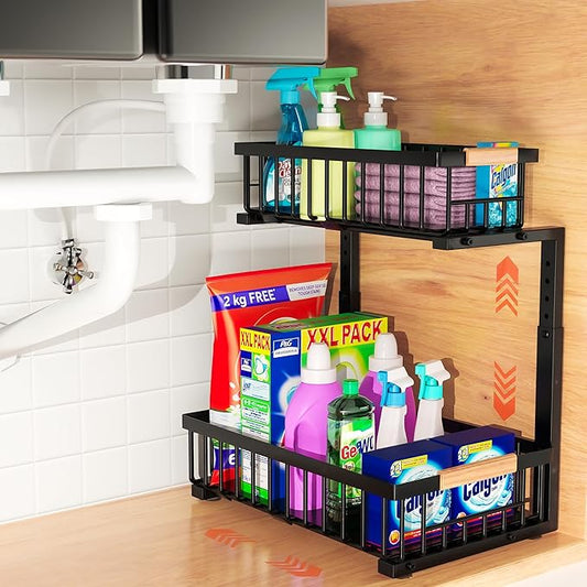 Under Sink Organizer, 2-Tier Pull-Out Cabinet Organizer, Adjustable Height
