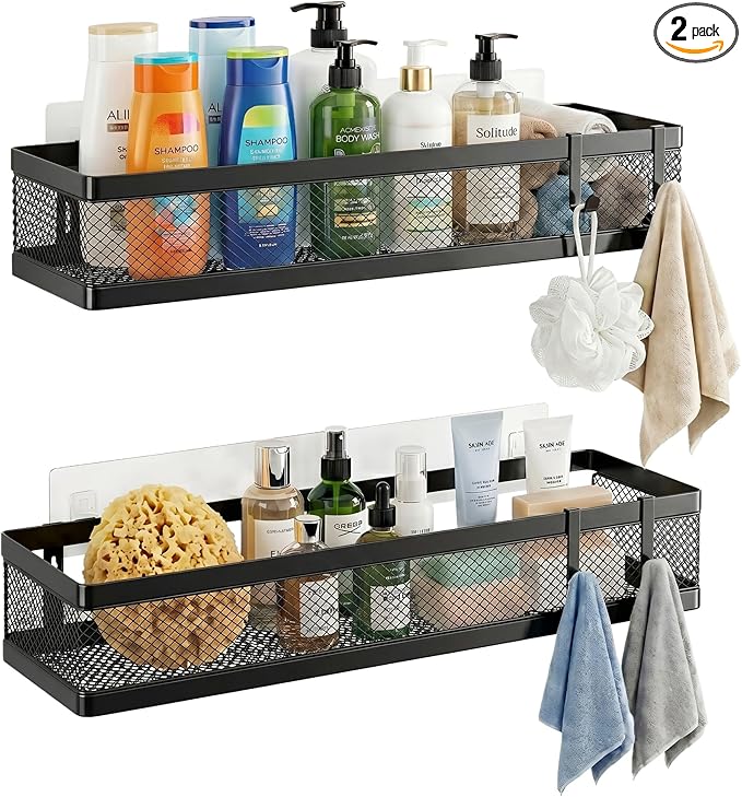 PUSDON 16.5-Inch Extra Long Slim Mesh Shower Caddy, Wall Mounted Bathroom Organizer with Adhesive, Heavy Duty Rustproof Shelf for Narrow Kitchen Pantry & RV, Holds 50 LBS 2-Pack - Matte Black Netting
