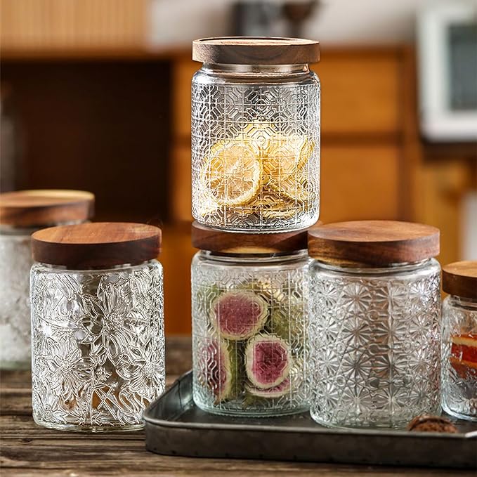 Vintage Glass Jars with Wooden Lids, 2 Pack 24 oz Airtight Glass Food Storage Containers Sets for the Kitchen, Sugar Coffee Candy Spice Cookie Tea Pasta