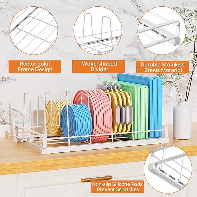 Food Container Lid Organizer, 6 Removable Adjustable Dividers Metal Rack - Storage for Plastic Lids, Pots, Bakeware, Fit for Cabinets, Cupboards, Pantry, Drawers (White)