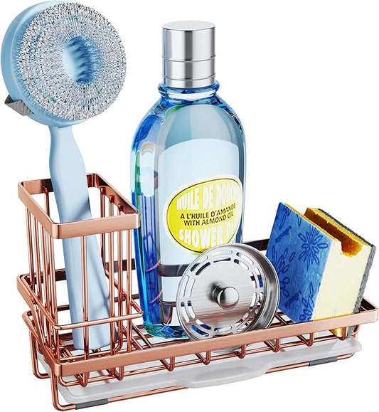 Sink Caddy Kitchen Sink Organizer with Detachable Brush Holder, Rose Gold