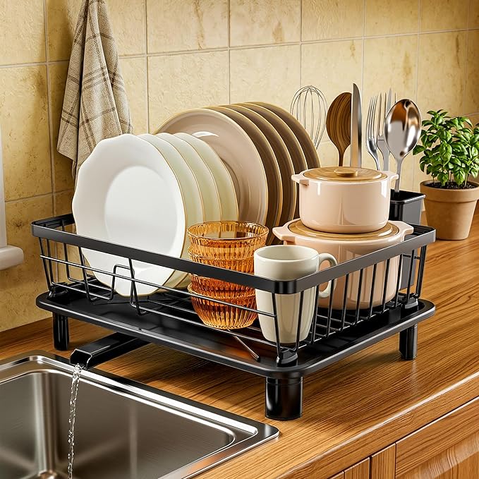 MOUKABAL Dish Drying Rack, Dish Rack, Stainless Steel Dish Racks for Kitchen Counter, Dish Drainer with Removable Utensil Holder, Drainboard (Black,11''W x 15''L)