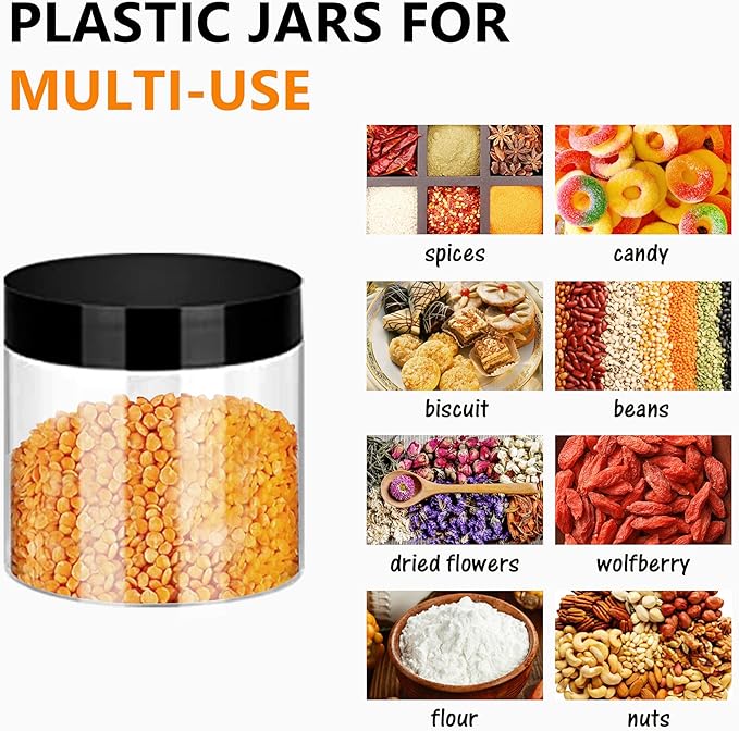 SLifeJars 6OZ Plastic Jars with Black Lids 40Pcs Empty Plastic Pot Jars Round Refillable Clear Slime Containers Jar Airtight Storage Jar for Travel Storage Home Kitchen Food Slime Making