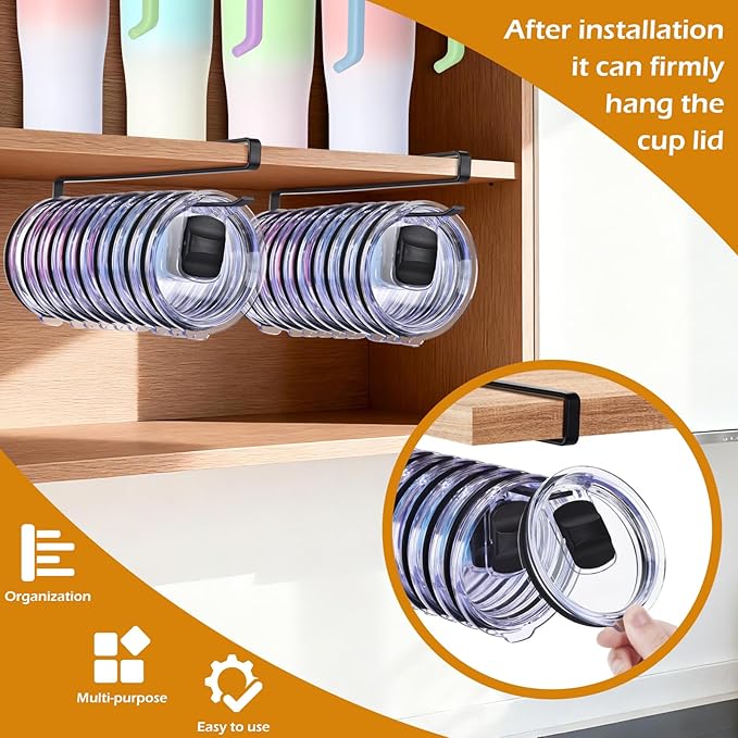 4Pack Tumbler Lid Organizer, Kitchen Space-Saving Cup Holder, Organizers for Under Cabinet Storage, No Glue or Drilling Required (Black)