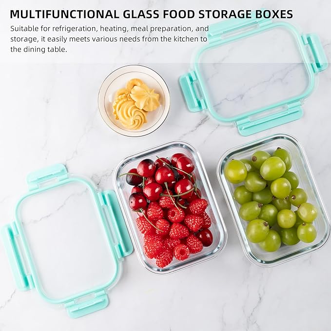 10 Pack 22 oz Glass Meal Prep Containers, Food Storage Containers with Lids, Airtight Leakproof Lunch Containers for Kitchen, Freezer, Microwave, Dishwasher Safe (Mint Green)