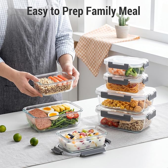 Dealusy 10 Sets (20-Piece) Glass Meal Prep Containers with Lids, Five 36 oz & Five 12 oz Airtight Leak-proof Glass Food Storage Containers with lids, Microwave Oven Freezer Dishwasher Safe, Gray