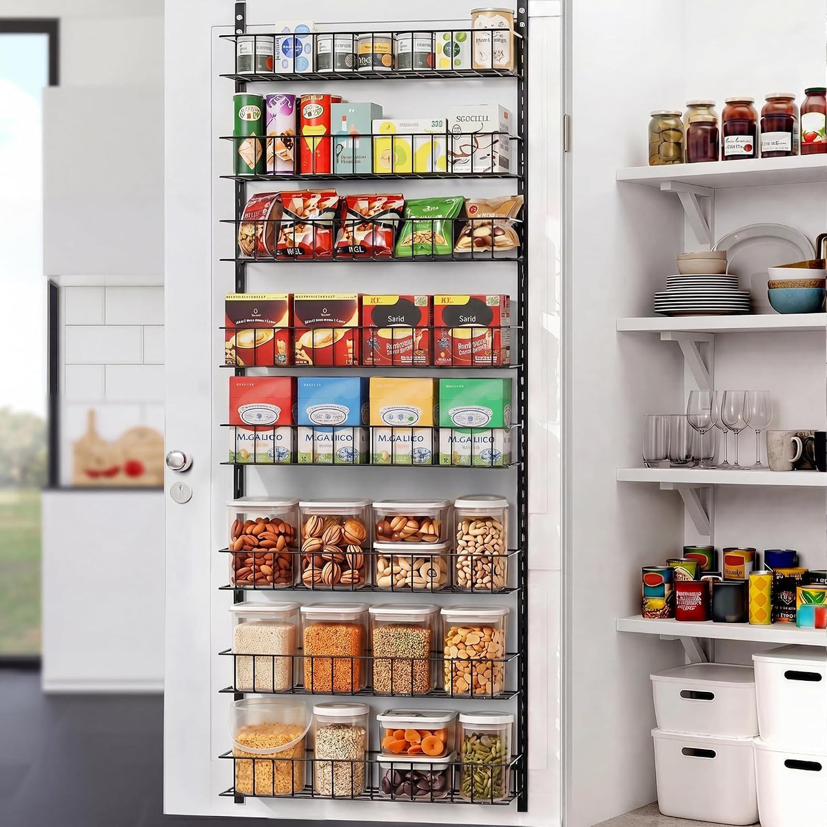 8-Tier Pantry Door Organizer, Hanging Storage Basket, Black