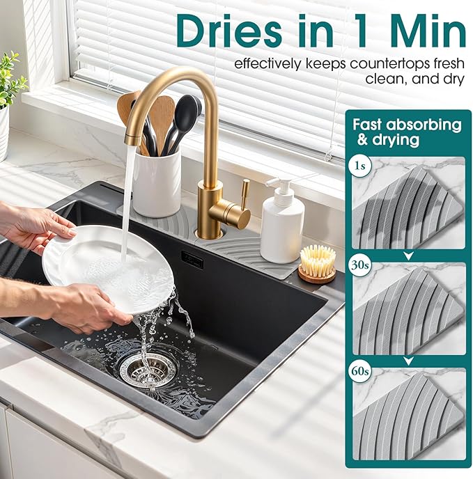 Quick Dry Stone Faucet Mat for Kitchen Sink - 15.8"x3.9" Natural Diatomite Stone Drying Mat for Kitchen Counter Bathroom Dish Dry Mat Auto Drainage Sink Protector (Light Grey)