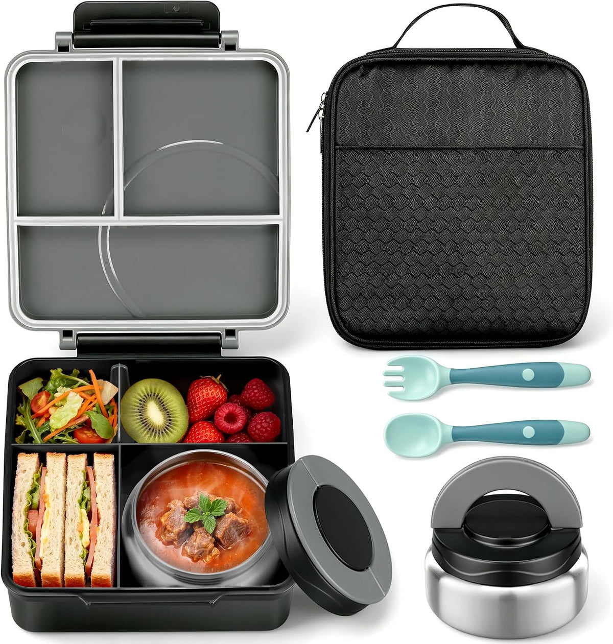 Bento Lunch Box for Kids with 8oz Soup Thermo&Lunch Bag, Leak-Proof Lunch Food Containers with 4 Compartment, Hot Food Insulated Food Jar for Kids School (Black)