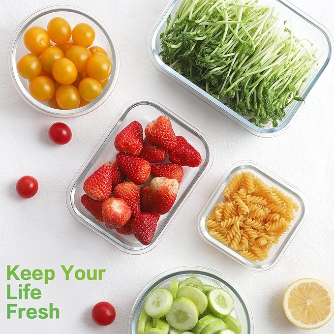 HOMBERKING Glass Food Storage Containers with Lids, [18 Piece] Glass Meal Prep Containers, Airtight Lunch Bento Boxes, BPA-Free & Leak Proof (9 lids & 9 Containers) - Blue
