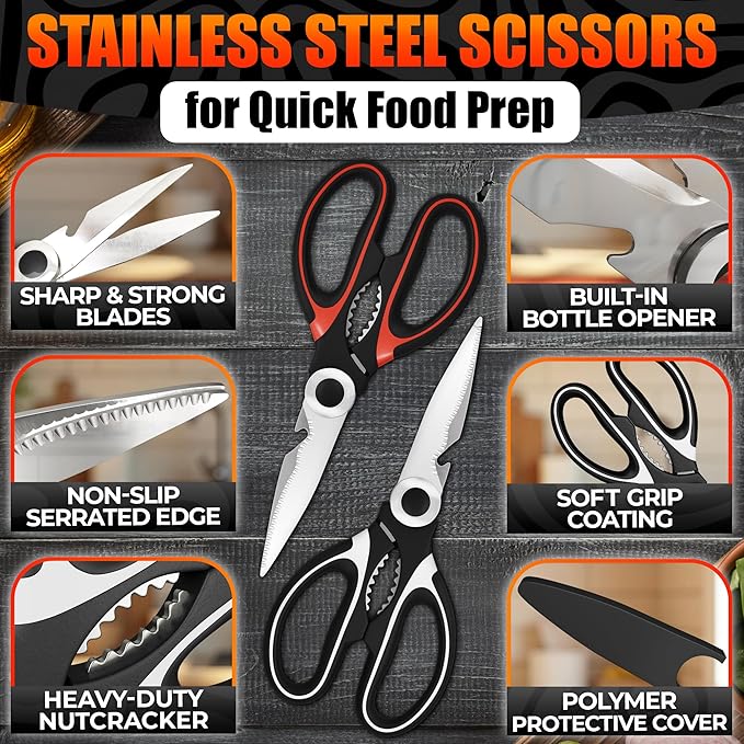 2 Pcs Heavy Duty Kitchen Scissors for Food – 5-in-1 Stainless Steel Kitchen Shears with Bottle Opener, Non-Slip Handles & Protective Cover – Utility Scissors for Cutting Meat, Poultry & Vegetables