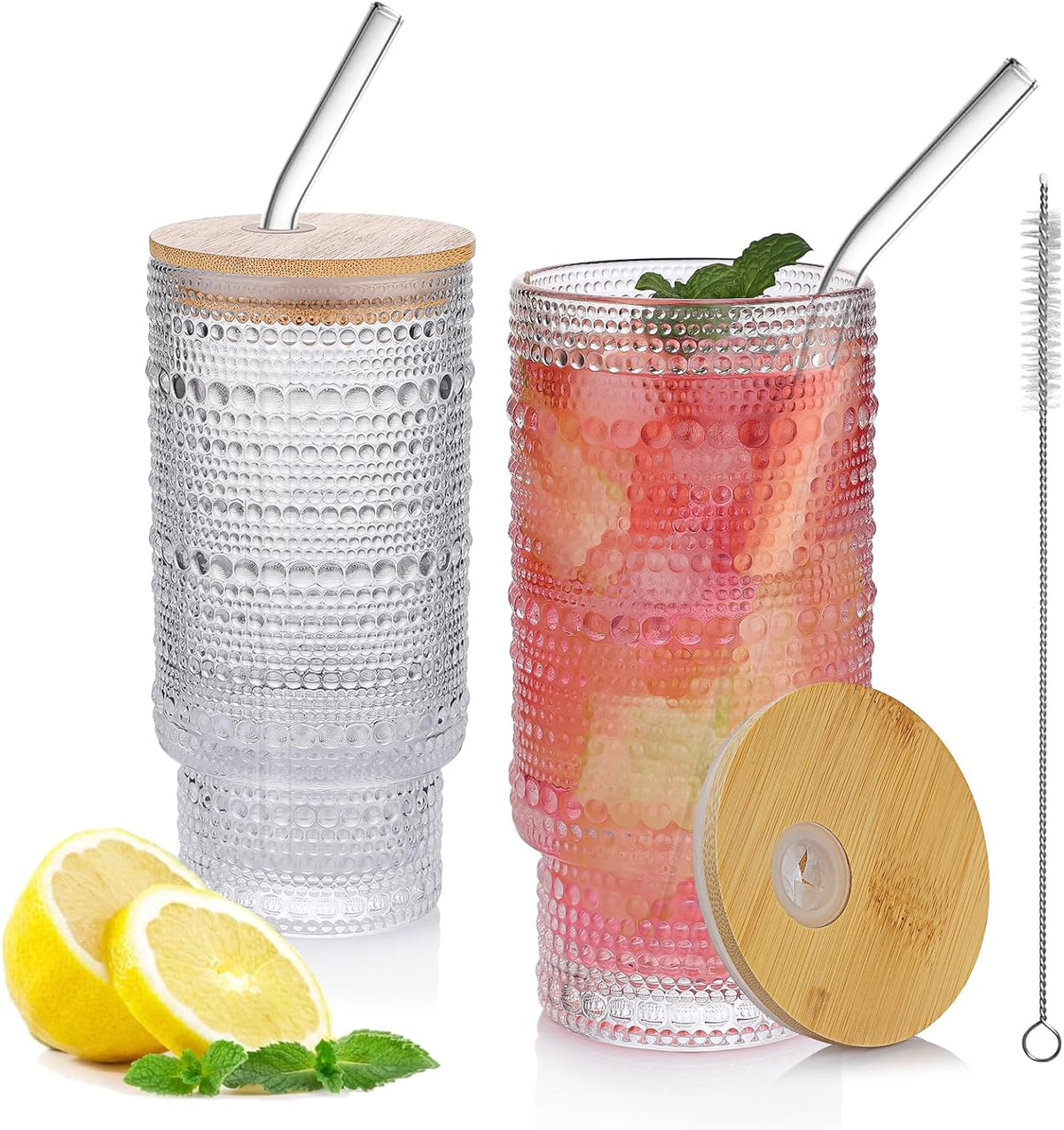 Glass Cups with Lids and Straws, 2 Pack 16 oz Hobnail Iced Coffee Cups with Bamboo Lids, Vintage Borosilicate Glass Tumblers for Water, Juice, Smoothies and Matcha