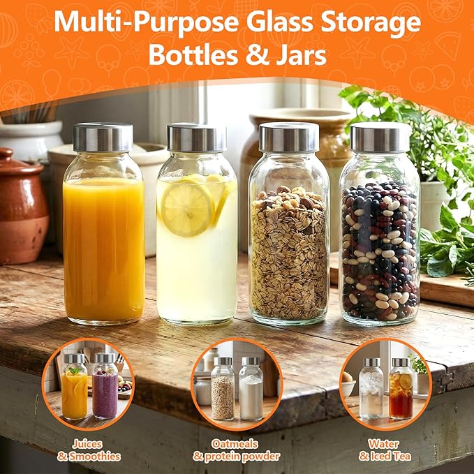 Luxfuel 8 oz Glass Water Bottles with Lids, 10 Pack Small Glass Juice Bottles with Stainless Steel Caps & Funnel, Leak-Proof Containers for Juicing, Milk, Ginger Shots, Smoothies, Wellness Drinks