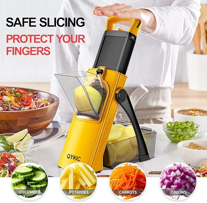 QYKIC Upgrade Safe Mandoline Slicer for Kitchen, Vegetable Chopper and Slicer, Potato Slicer Thickness Adjuster, French Fry Cutter, Veggie Onion Dicer Faster Kitchen Mandolin for Meal Prep