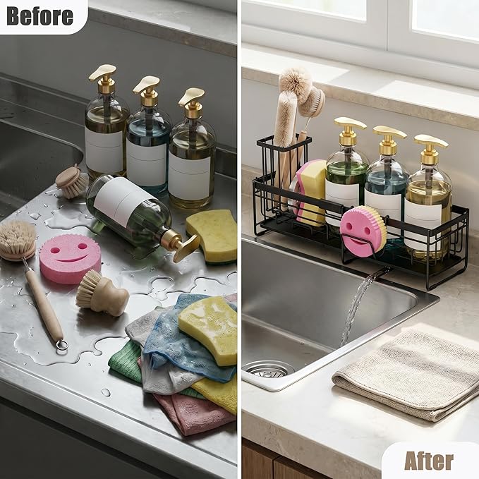 spospo Extendable Sponge Holder for Kitchen Sink, Extra Large Adjustable Length Sink Caddy Organizer with High Brush Holder, Self-Draining Countertop Organizer