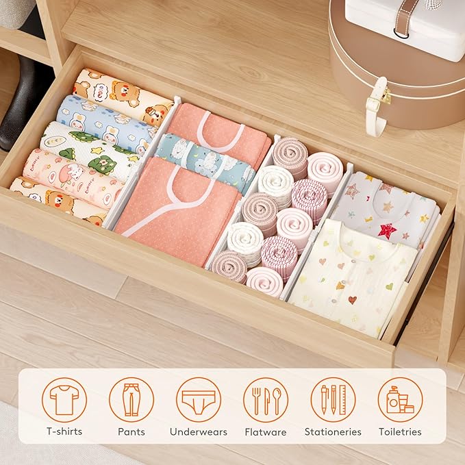 Lifewit 9 Pack Drawer Dividers for Clothes, 4" High 10.5"-16.5" Expandable Dresser Drawer Organizers, Adjustable White Plastic Separators for Kitchen, Cabinet, Nursery, Socks & Underwear Storage