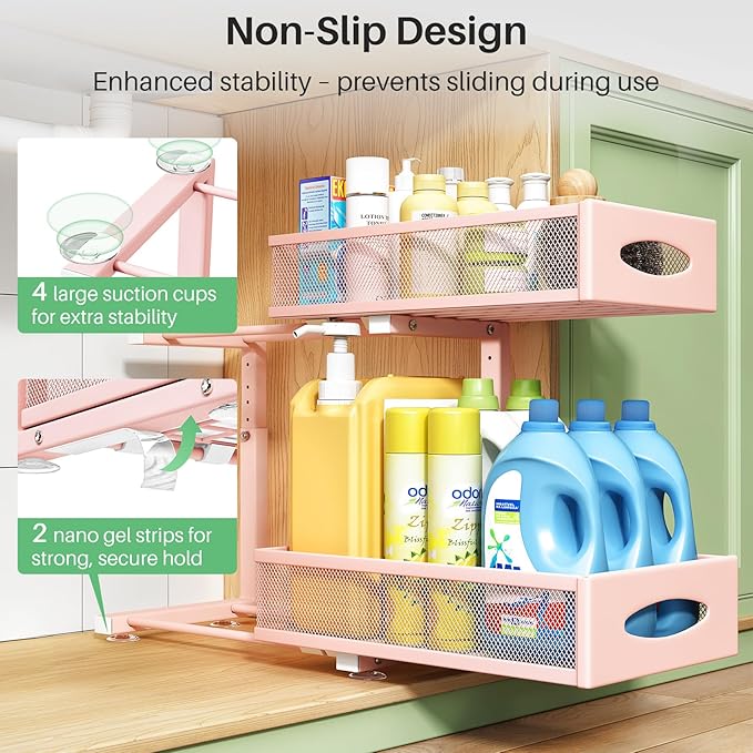 Under Sink Organizer, 2 Tier Pull out Cabinet Organizer Baskets with Mesh Sliding Drawers, Slide out Storage Shelf for Home, Kitchen, Bathroom, Pantry, Office Cabinet(1 Pack, Pink)