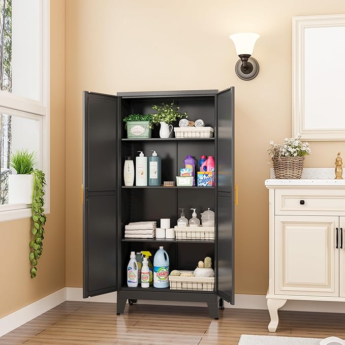 winiowa Metal Pantry Cabinet with 2 Doors and Adjustable Shelves, Kitchen Storage cabinets with Gold Handles, Versatile Storage for Laundry Room,Living Room,Bathroom,Dinning Room-Black