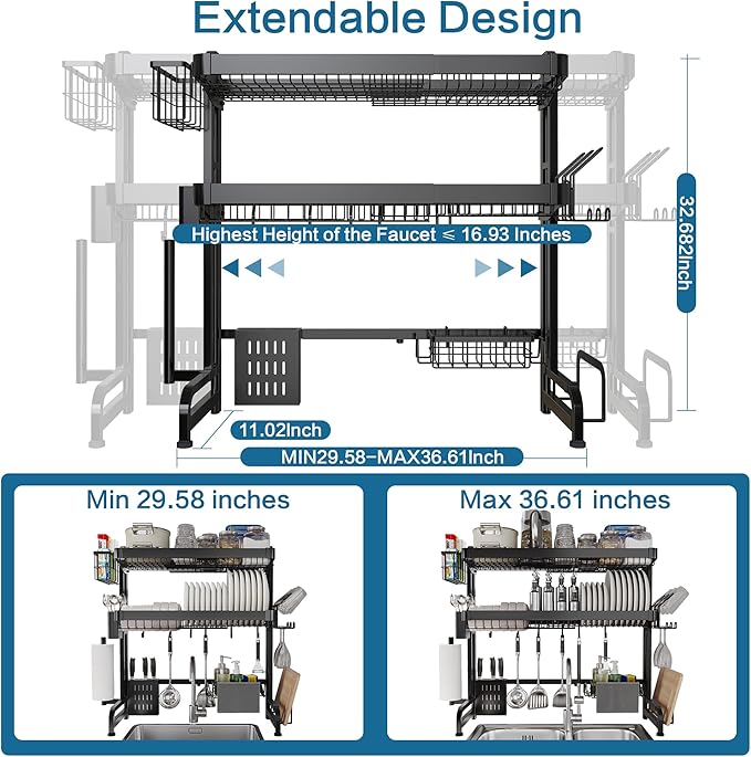 LIVOD Over The Sink Dish Drying Rack,3 Tier Adjustable Length Full Stainless Steel Large Storage Kitchen Dish Rack,for Kitchen Counter Expandable Multifunctional Organizers,Silver(25.5'' to 37.4'')