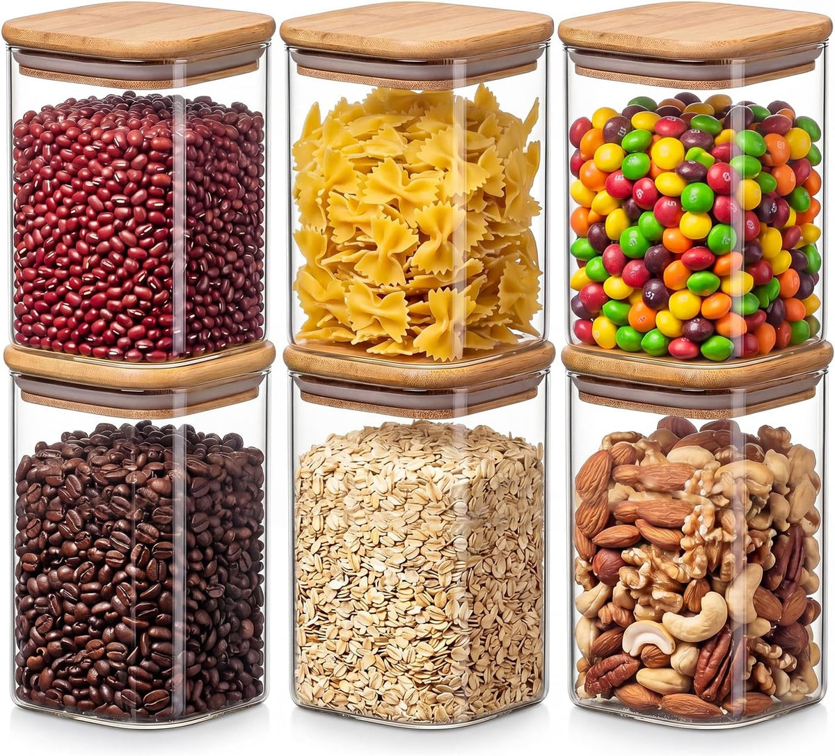6-Pack 1.2Qt Square Glass Storage Jars with Bamboo Lids