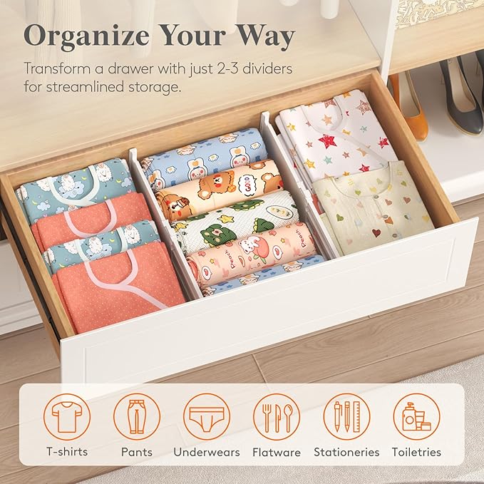 Lifewit 8 Pack 5" High Drawer Dividers for Clothes, 11.5"-18.5" Expandable Dresser Drawer Organizers, Adjustable White Plastic Separators for Kitchen, Cabinet, Nursery, Socks & Underwear Storage