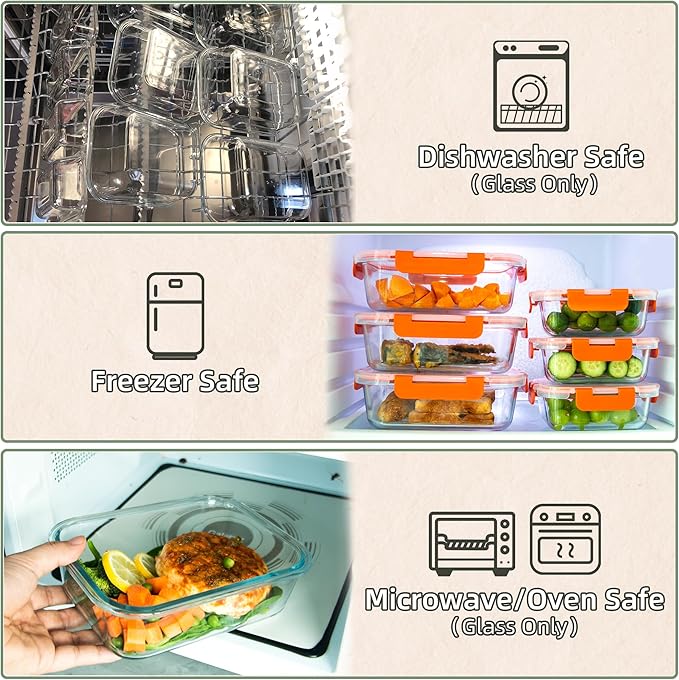 UMEIED 10 PACK Glass Food Storage Containers with Leak Proof Lids, Glass Airtight Meal Prep Containers Set for Lunch, On the Go, Leftover, Kitchen Pantry Organizers and Storage (Orange)