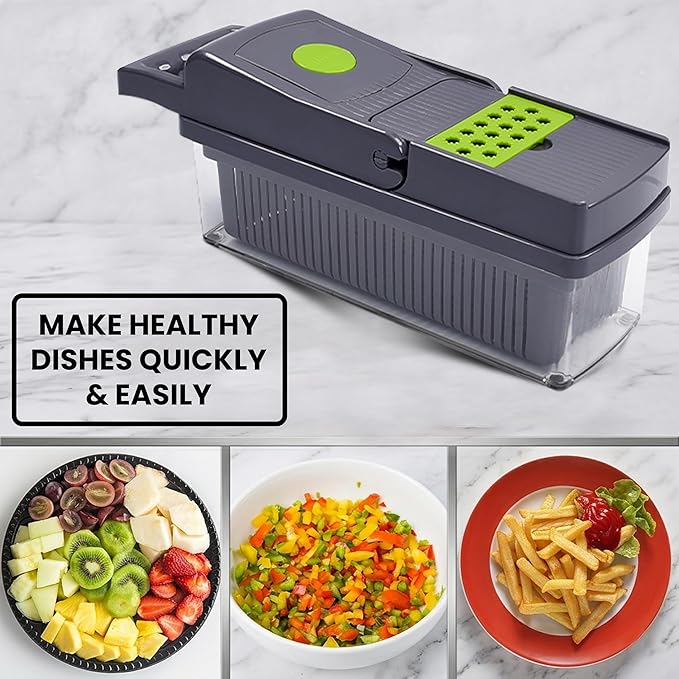 Vegetable Chopper 15 in 1- Multifunctional Food Chopper with 7 Blades- Mandoline Slicer, Dicer, Cutter, Peeler & Grater for Onion, Potato, Salad, Carrot, Garlic with Drain Basket & Container