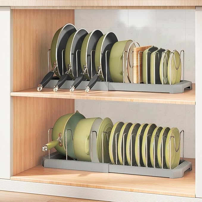 Pots and Pans Organizer for under Cabinet, Pan Pot Organizers inside Cabinet, Expandable Organizer with 12 Adjustable Dividers for Cookie Sheets, Cutting Boards, Pot Lids, Cookware - Pan Rack, Grey
