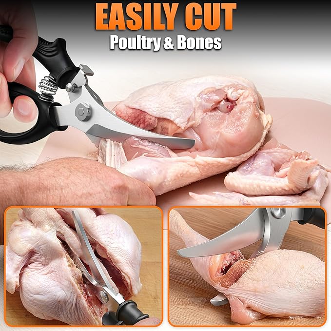 Poultry Shears Heavy Duty – Stainless Steel Chicken Shears with Spring Loaded Design, Non-Slip Serrated Edge & Safety Lock, Dishwasher Safe – Bone Cutting Scissors for Turkey, Poultry & Spatchcock