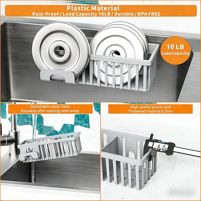 Yieach 3 in 1 Kitchen Sink Caddy Sponge Holder with Suction Cup and Adhesive,Plastic Rust-Proof kitchen Scrubber,Dish Scrub,Dish Soap Holder,Grey Hanging Sponge Rack and In Sink Organizer Essentials