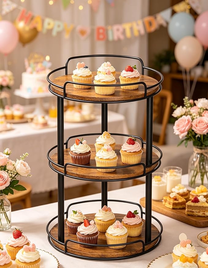 LAMU 12'' Wood Lazy Susan Turntable Organizer for Cabinet, 3 Tier Lazy Susan Spice Rack Organizer for Kitchen, Wood Cake Turntable for Cupcake Stand, Table Top, Countertop, Pantry, Bathroom